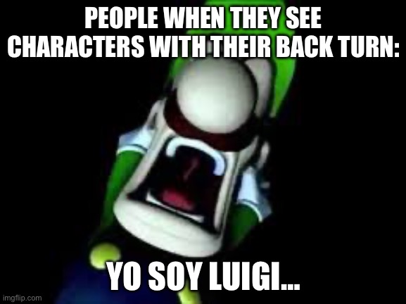 Luigi Screaming | PEOPLE WHEN THEY SEE CHARACTERS WITH THEIR BACK TURN:; YO SOY LUIGI… | image tagged in luigi screaming | made w/ Imgflip meme maker