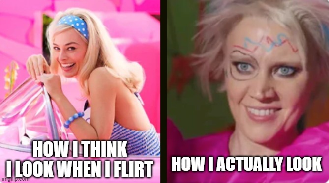Flirting Meme | HOW I ACTUALLY LOOK; HOW I THINK I LOOK WHEN I FLIRT | image tagged in barbie vs weird barbie,memes,flirting,relatable,neurodivergent,autism | made w/ Imgflip meme maker