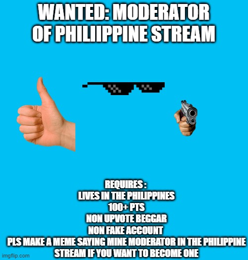 WANTED: MODERATOR OF PHILIIPPINE STREAM; REQUIRES : 
LIVES IN THE PHILIPPINES
100+ PTS
NON UPVOTE BEGGAR
NON FAKE ACCOUNT 
PLS MAKE A MEME SAYING MINE MODERATOR IN THE PHILIPPINE STREAM IF YOU WANT TO BECOME ONE | image tagged in wanted,wanted poster,help wanted | made w/ Imgflip meme maker