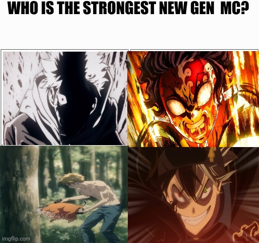 Consider there powers at its peak. | WHO IS THE STRONGEST NEW GEN  MC? | image tagged in memes,blank comic panel 2x2,i never know what to put for tags,why are you reading the tags | made w/ Imgflip meme maker