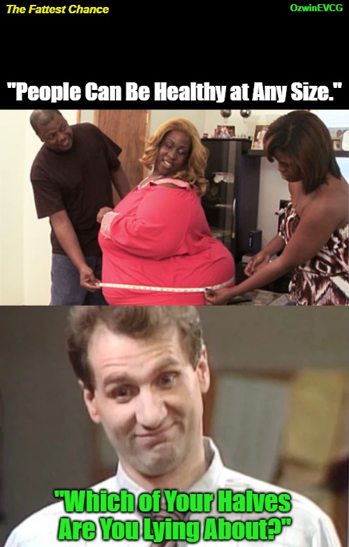 The Fattest Chance [NV] | OzwinEVCG; The Fattest Chance; "People Can Be Healthy at Any Size."; "Which of Your Halves 

Are You Lying About?" | image tagged in say what,al bundy yeah right,npc parrots,fat shame,health,clown world | made w/ Imgflip meme maker