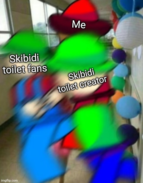Bambi and Bandu running away from Expunged | Me; Skibidi toilet fans; Skibidi toilet creator | image tagged in bambi and bandu running away from expunged,dave and bambi,appplecore,golden apple edition,skibidi toilet | made w/ Imgflip meme maker