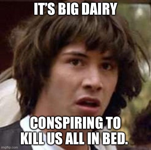 Conspiracy Keanu | IT’S BIG DAIRY; CONSPIRING TO KILL US ALL IN BED. | image tagged in memes,conspiracy keanu | made w/ Imgflip meme maker