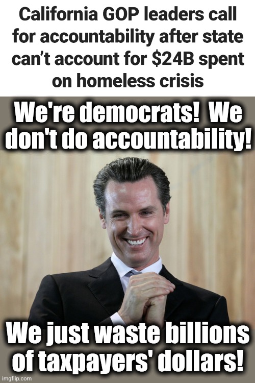 Same old story | We're democrats!  We don't do accountability! We just waste billions of taxpayers' dollars! | image tagged in scheming gavin newsom,california,waste,homeless,memes,democrats | made w/ Imgflip meme maker