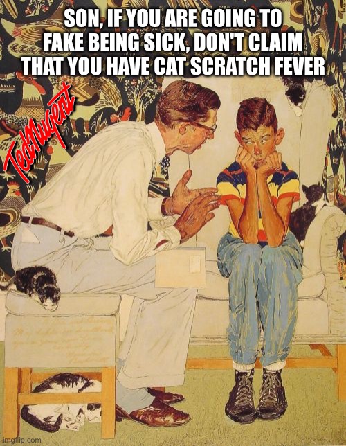 Cat scratch fever | SON, IF YOU ARE GOING TO FAKE BEING SICK, DON'T CLAIM THAT YOU HAVE CAT SCRATCH FEVER | image tagged in the problem is,music,rock,1970s,ted nugent,sick | made w/ Imgflip meme maker