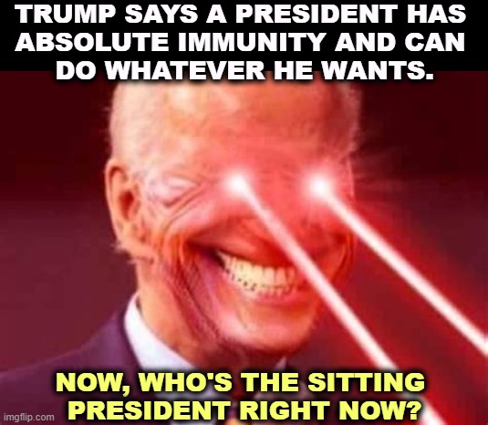 Wait.... | TRUMP SAYS A PRESIDENT HAS 
ABSOLUTE IMMUNITY AND CAN 
DO WHATEVER HE WANTS. NOW, WHO'S THE SITTING 
PRESIDENT RIGHT NOW? | image tagged in trump,president,immunity,prosecution,biden | made w/ Imgflip meme maker