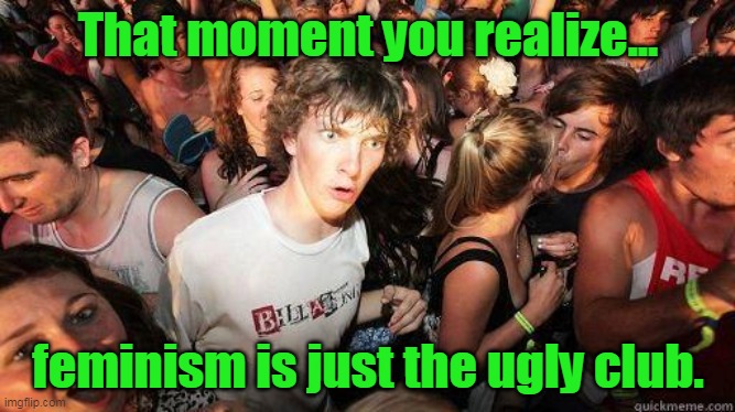 Honestly, never met a hot feminist. | That moment you realize... feminism is just the ugly club. | image tagged in sudden realization,feminism,ugly,woke,left,democrat | made w/ Imgflip meme maker