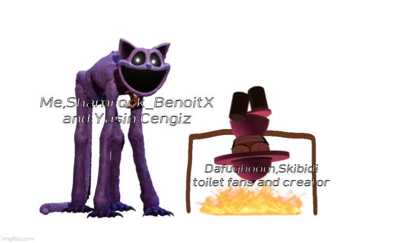 Cooked Banbodi | Me,Shamrock_BenoitX and Yasin Cengiz; Dafuqboom,Skibidi toilet fans and creator | image tagged in cooked banbodi,banbodi,catnap,skibidi toilet is cringe,smiling critters | made w/ Imgflip meme maker