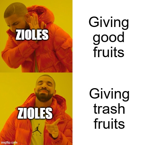 Drake Hotline Bling Meme | Giving good fruits; ZIOLES; Giving trash fruits; ZIOLES | image tagged in memes,drake hotline bling | made w/ Imgflip meme maker