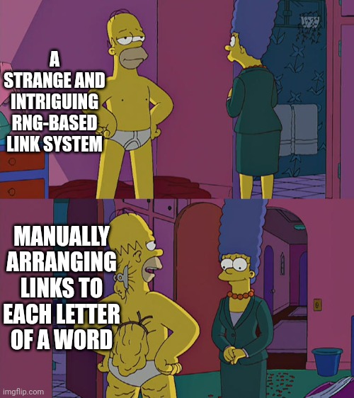 Homer Simpson's Back Fat | A STRANGE AND INTRIGUING RNG-BASED LINK SYSTEM; MANUALLY ARRANGING LINKS TO EACH LETTER OF A WORD | image tagged in homer simpson's back fat | made w/ Imgflip meme maker
