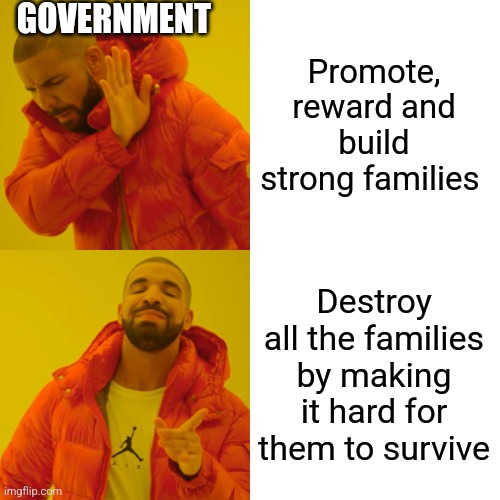 Drake Hotline Bling Meme | Promote, reward and build strong families Destroy all the families by making it hard for them to survive GOVERNMENT | image tagged in memes,drake hotline bling | made w/ Imgflip meme maker