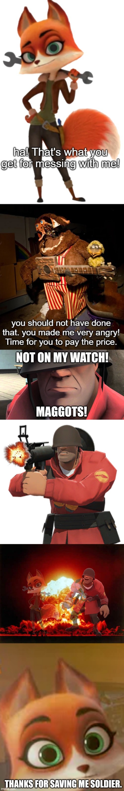 NOT ON MY WATCH! MAGGOTS! THANKS FOR SAVING ME SOLDIER. | image tagged in tf2 soldier,memes,nuclear explosion,jade being curious | made w/ Imgflip meme maker
