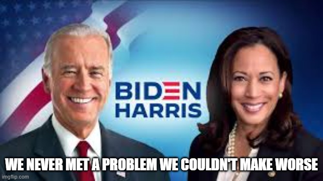 We never met a problem we couldn't make worse,, | WE NEVER MET A PROBLEM WE COULDN'T MAKE WORSE | image tagged in biden,kamala harris | made w/ Imgflip meme maker