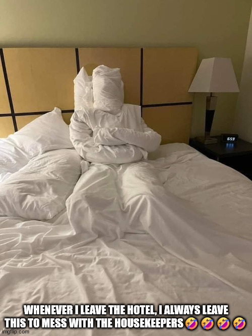 Hotel | WHENEVER I LEAVE THE HOTEL, I ALWAYS LEAVE THIS TO MESS WITH THE HOUSEKEEPERS🤣🤣🤣🤣 | image tagged in durlearl | made w/ Imgflip meme maker