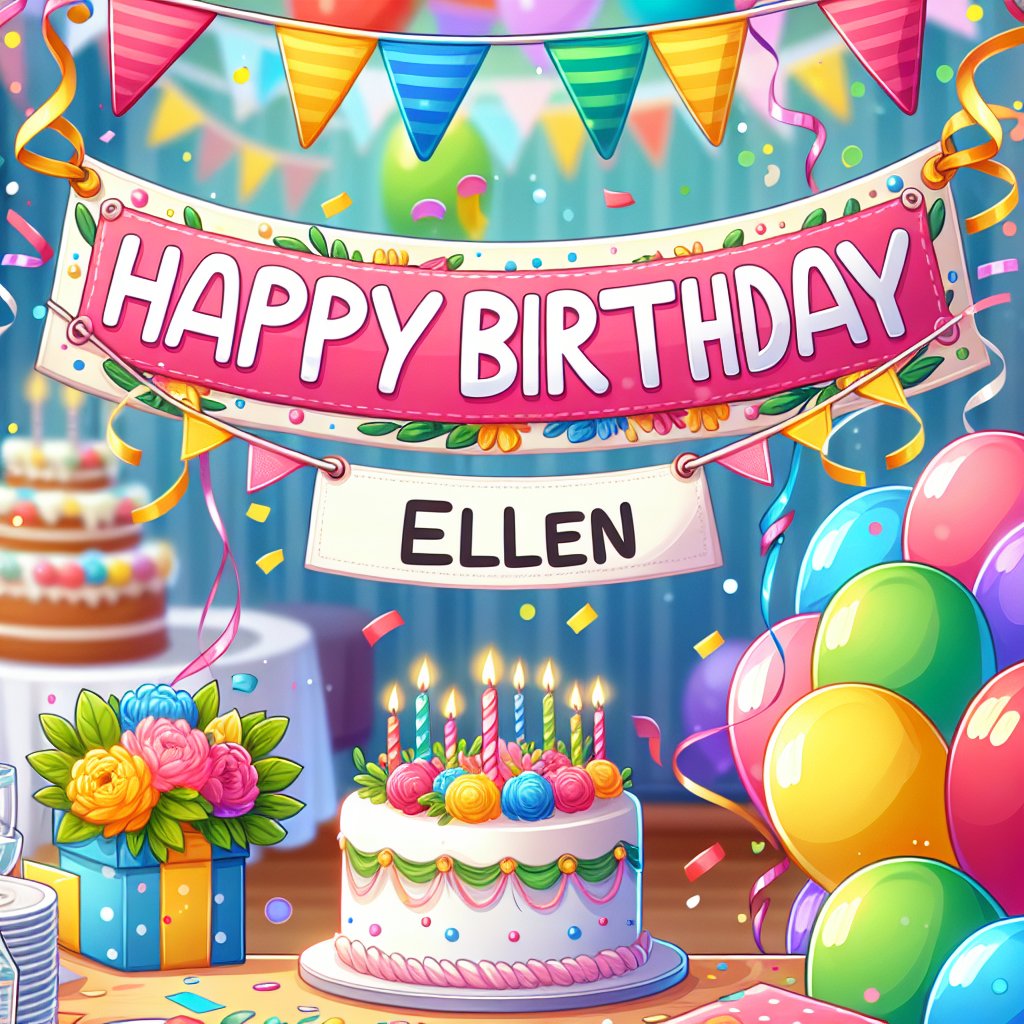 Happy Birthday Ellen on a banner with a party scene Blank Meme Template
