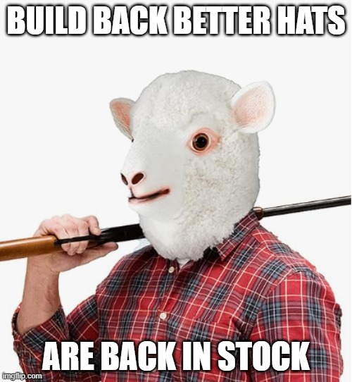 Sheeple hats | BUILD BACK BETTER HATS; ARE BACK IN STOCK | image tagged in build back better,bidenomics,maga,make america great again,sheep,sheeple | made w/ Imgflip meme maker