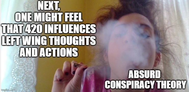 Girl smoking weed | NEXT,
ONE MIGHT FEEL
THAT 420 INFLUENCES
LEFT WING THOUGHTS
AND ACTIONS ABSURD 
CONSPIRACY THEORY | image tagged in girl smoking weed | made w/ Imgflip meme maker