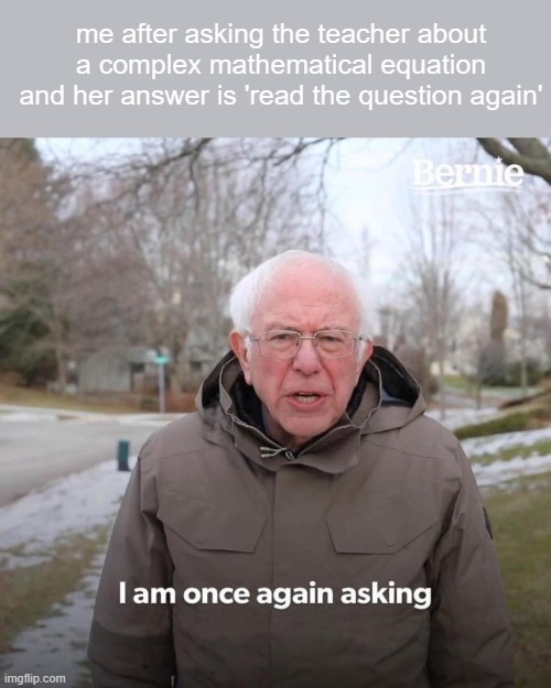 Bernie I Am Once Again Asking For Your Support Meme | me after asking the teacher about a complex mathematical equation and her answer is 'read the question again' | image tagged in memes,bernie i am once again asking for your support,school | made w/ Imgflip meme maker