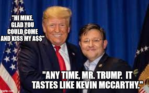 Kowtowing to a felonious private citizen. Democracy on the brink. | "HI MIKE. GLAD YOU COULD COME AND KISS MY A$$"; "ANY TIME, MR. TRUMP.  IT TASTES LIKE KEVIN MCCARTHY." | image tagged in trump mike johnson,criminal trump,spineless gop | made w/ Imgflip meme maker