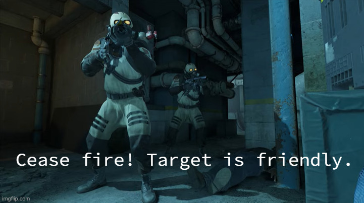 Cease fire! Target is friendly. | image tagged in cease fire target is friendly | made w/ Imgflip meme maker