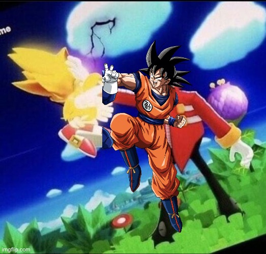 Goku wins i guess | image tagged in eggman beating super sonic meme | made w/ Imgflip meme maker
