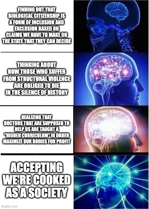 Expanding Brain Meme | FINDING OUT THAT BIOLOGICAL CITIZENSHIP IS A FORM OF INCLUSION AND EXCLUSION BASED ON CLAIMS WE HAVE TO MAKE ON THE STATE THAT THEY CAN DECIDE; THINKING ABOUT HOW THOSE WHO SUFFER FROM STRUCTURAL VIOLENCE ARE OBLIGED TO DIE IN THE SILENCE OF HISTORY; REALIZING THAT DOCTORS THAT ARE SUPPOSED TO HELP US ARE TAUGHT A "HIDDEN CURRICULUM" IN ORDER MAXIMIZE OUR BODIES FOR PROFIT; ACCEPTING WE'RE COOKED AS A SOCIETY | image tagged in memes,expanding brain | made w/ Imgflip meme maker