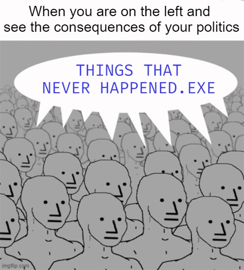 "You must be from Egypt cus you're living in de'Nile". That media trust is insane | When you are on the left and 
see the consequences of your politics; THINGS THAT NEVER HAPPENED.EXE | image tagged in npcprogramscreed,american politics | made w/ Imgflip meme maker
