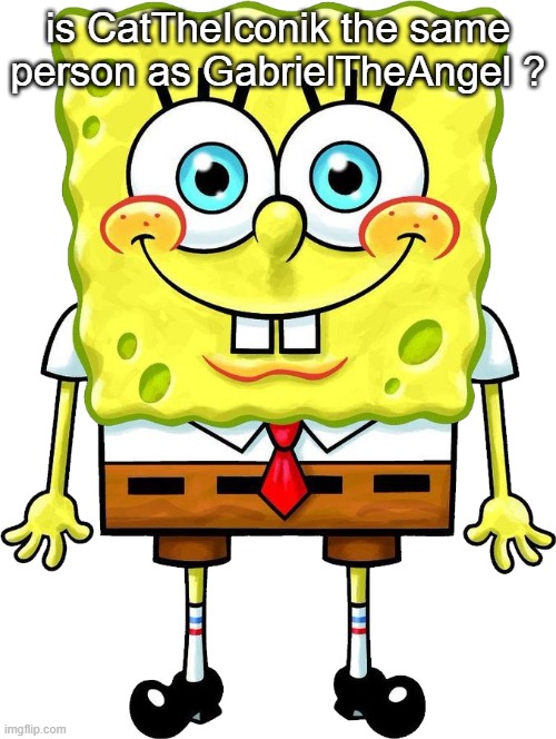 I'm Spongebob! | is CatTheIconik the same person as GabrielTheAngel ? | image tagged in i'm spongebob | made w/ Imgflip meme maker