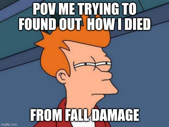 fall damage | POV ME TRYING TO FOUND OUT  HOW I DIED; FROM FALL DAMAGE | image tagged in memes,futurama fry | made w/ Imgflip meme maker