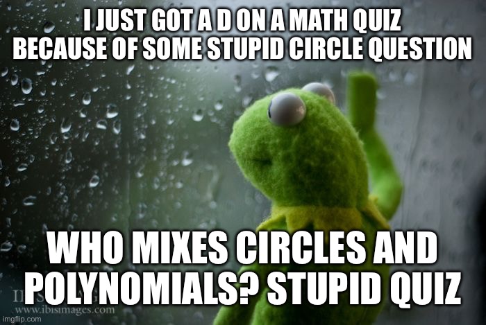 kermit window | I JUST GOT A D ON A MATH QUIZ BECAUSE OF SOME STUPID CIRCLE QUESTION; WHO MIXES CIRCLES AND POLYNOMIALS? STUPID QUIZ | image tagged in kermit window | made w/ Imgflip meme maker