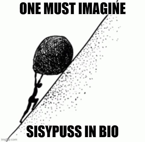 sisyphus in bio | ONE MUST IMAGINE; SISYPUSS IN BIO | image tagged in sisyphus | made w/ Imgflip meme maker
