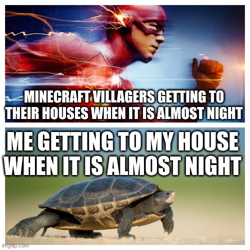 Fast vs. Slow | MINECRAFT VILLAGERS GETTING TO THEIR HOUSES WHEN IT IS ALMOST NIGHT; ME GETTING TO MY HOUSE WHEN IT IS ALMOST NIGHT | image tagged in fast vs slow | made w/ Imgflip meme maker