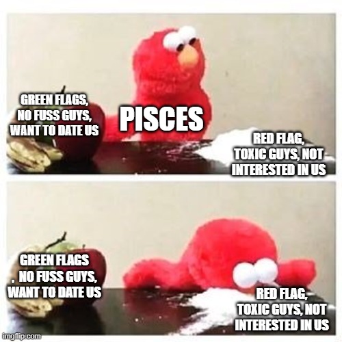 Pisces jokes | GREEN FLAGS, NO FUSS GUYS, WANT TO DATE US; PISCES; RED FLAG, TOXIC GUYS, NOT INTERESTED IN US; GREEN FLAGS ,  NO FUSS GUYS, WANT TO DATE US; RED FLAG, TOXIC GUYS, NOT INTERESTED IN US | image tagged in elmo cocaine | made w/ Imgflip meme maker