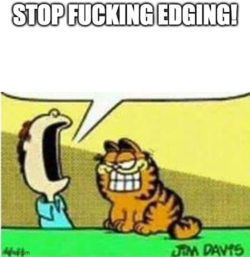John Yelling at Garfield | STOP FUCKING EDGING! | image tagged in john yelling at garfield | made w/ Imgflip meme maker