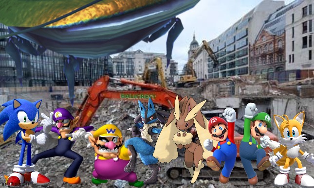 Wario and Friends dies by a Giant iridescent Flint Beetle while exploring at construction site | image tagged in wario dies,crossover,pokemon,sonic the hedgehog,super mario,pikmin | made w/ Imgflip meme maker