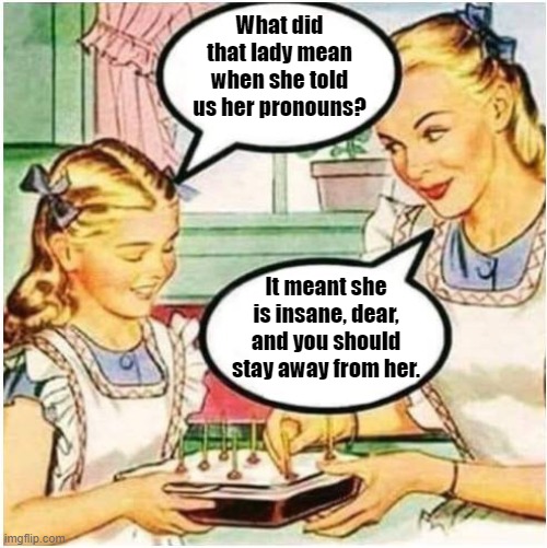 Tell me  about pronouns | What did that lady mean when she told us her pronouns? It meant she is insane, dear, and you should stay away from her. | image tagged in mommy what are pronouns,mommy | made w/ Imgflip meme maker
