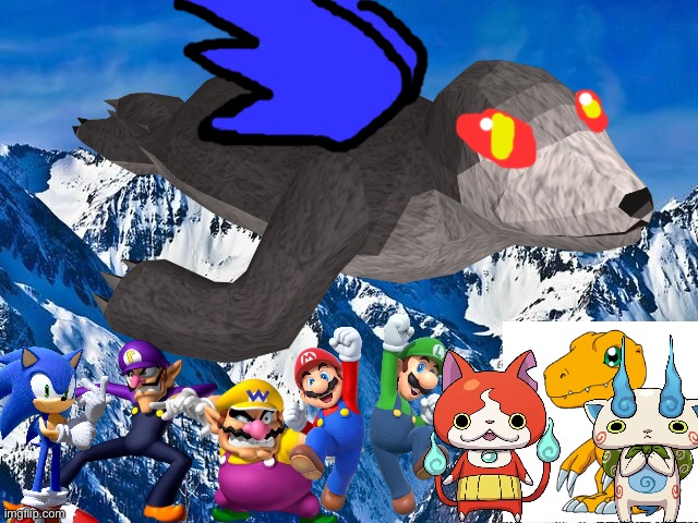 Wario and Friends dies by a Giant winged demon seal because of Waluigi teasing it while exploring at the mountains | image tagged in wario dies,super mario,yokai watch,digimon,sonic the hedgehog,crossover | made w/ Imgflip meme maker
