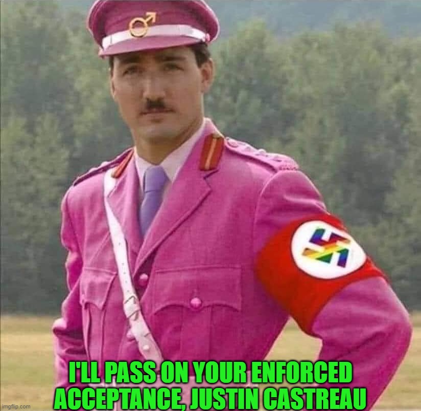 Enforced Acceptance | I'LL PASS ON YOUR ENFORCED ACCEPTANCE, JUSTIN CASTREAU | image tagged in justin pierre james trudeau canada prime minister dictator,nazi,leftist douche | made w/ Imgflip meme maker