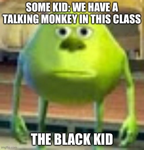 This actually happened in one of my classes | SOME KID: WE HAVE A TALKING MONKEY IN THIS CLASS; THE BLACK KID | image tagged in sully wazowski,dark humor | made w/ Imgflip meme maker