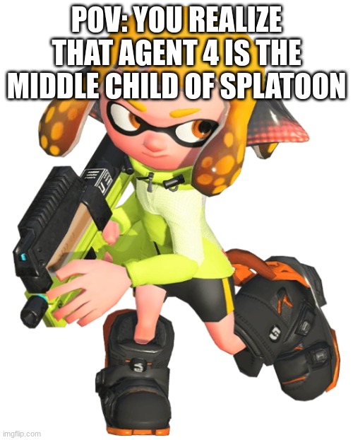 Idk what I'm doing but this will probably be my only post here unless I get bored | POV: YOU REALIZE THAT AGENT 4 IS THE MIDDLE CHILD OF SPLATOON | image tagged in agent 4 | made w/ Imgflip meme maker