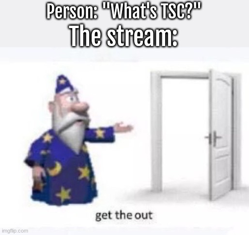 get th out. | The stream:; Person: "What's TSC?" | image tagged in get the out | made w/ Imgflip meme maker