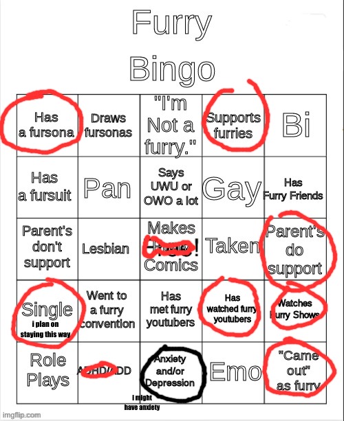 Furry bingo. | i plan on staying this way; i might have anxiety | image tagged in furry bingo | made w/ Imgflip meme maker