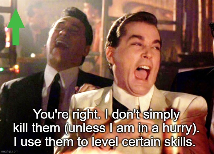 Good Fellas Hilarious Meme | You're right. I don't simply kill them (unless I am in a hurry). I use them to level certain skills. | image tagged in memes,good fellas hilarious | made w/ Imgflip meme maker