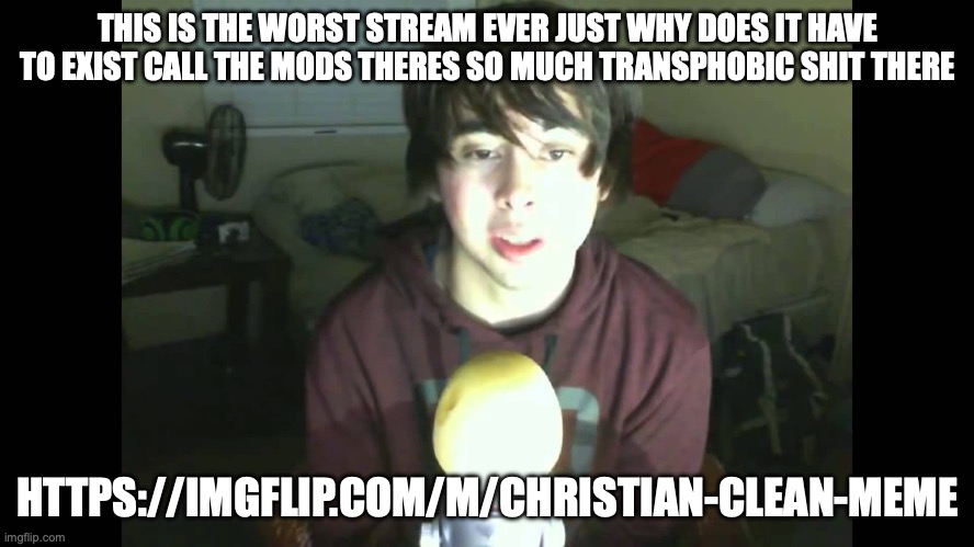 Donald | THIS IS THE WORST STREAM EVER JUST WHY DOES IT HAVE TO EXIST CALL THE MODS THERES SO MUCH TRANSPHOBIC SHIT THERE; HTTPS://IMGFLIP.COM/M/CHRISTIAN-CLEAN-MEME | image tagged in bruh | made w/ Imgflip meme maker