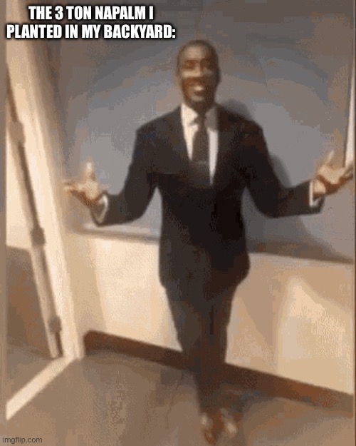 Black dude in suit | THE 3 TON NAPALM I PLANTED IN MY BACKYARD: | image tagged in black dude in suit | made w/ Imgflip meme maker