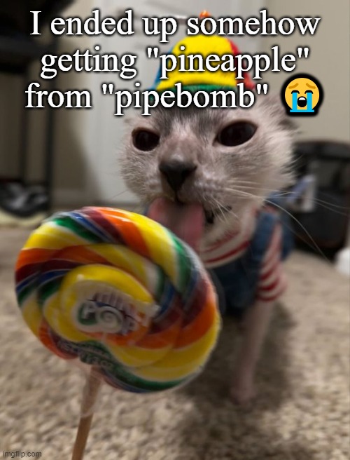 silly goober | I ended up somehow getting "pineapple" from "pipebomb" 😭 | image tagged in silly goober | made w/ Imgflip meme maker