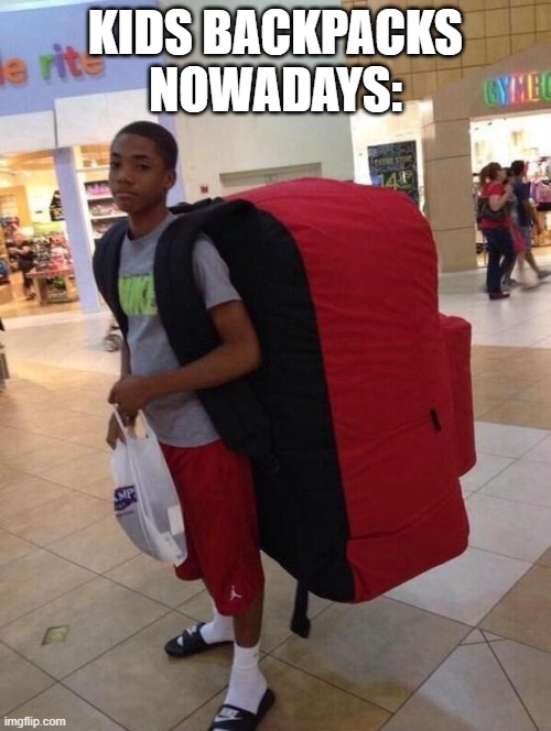 they make you pack 10000 of the same darn thing. | KIDS BACKPACKS NOWADAYS: | image tagged in big backpack | made w/ Imgflip meme maker
