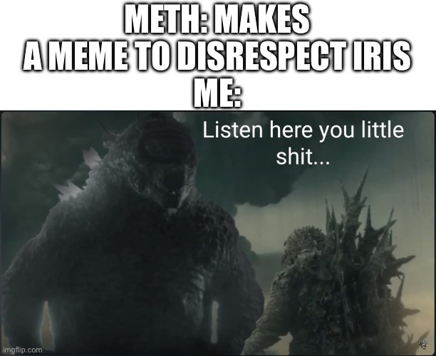 Don’t bully her, she never deserved it | METH: MAKES A MEME TO DISRESPECT IRIS
ME: | image tagged in listen here you little shit godzilla,im doing this for you iris | made w/ Imgflip meme maker