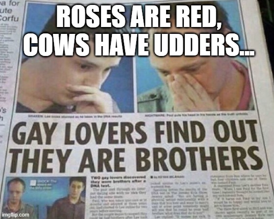 oh man | ROSES ARE RED, COWS HAVE UDDERS... | image tagged in fun,gay | made w/ Imgflip meme maker