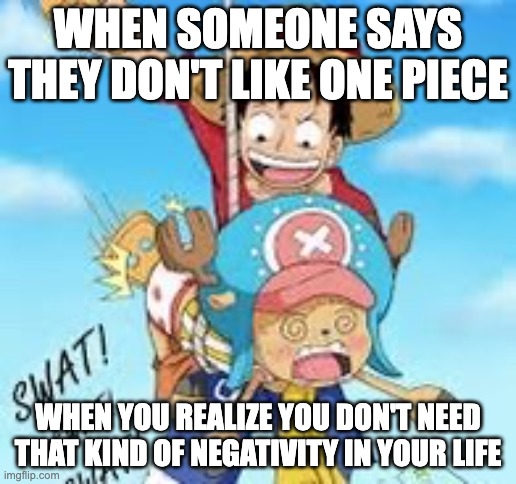Luffy spanking Chopper | WHEN SOMEONE SAYS THEY DON'T LIKE ONE PIECE; WHEN YOU REALIZE YOU DON'T NEED THAT KIND OF NEGATIVITY IN YOUR LIFE | image tagged in luffy spanking chopper | made w/ Imgflip meme maker